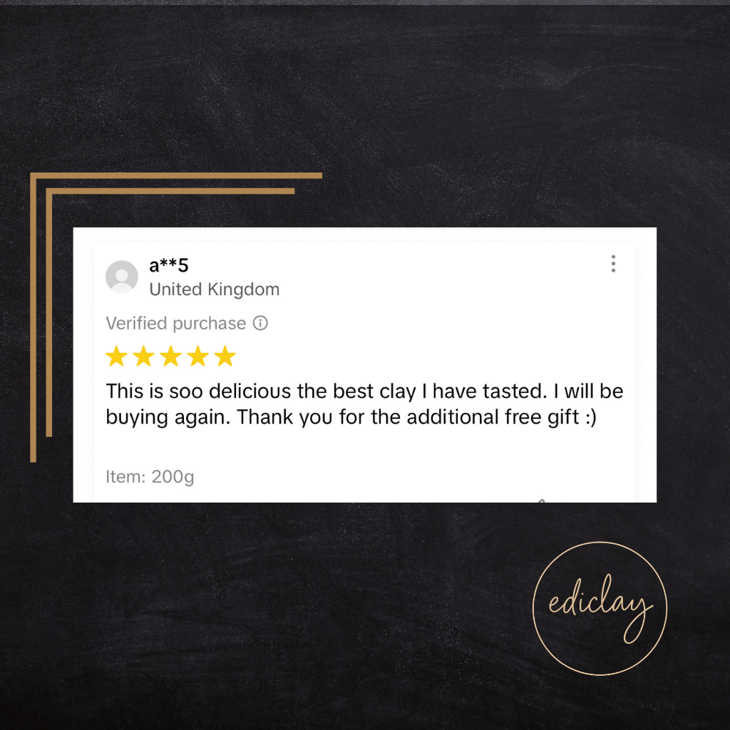 Product review with five-star rating for edible clay on a black background, featuring the brand 'ediclay'.