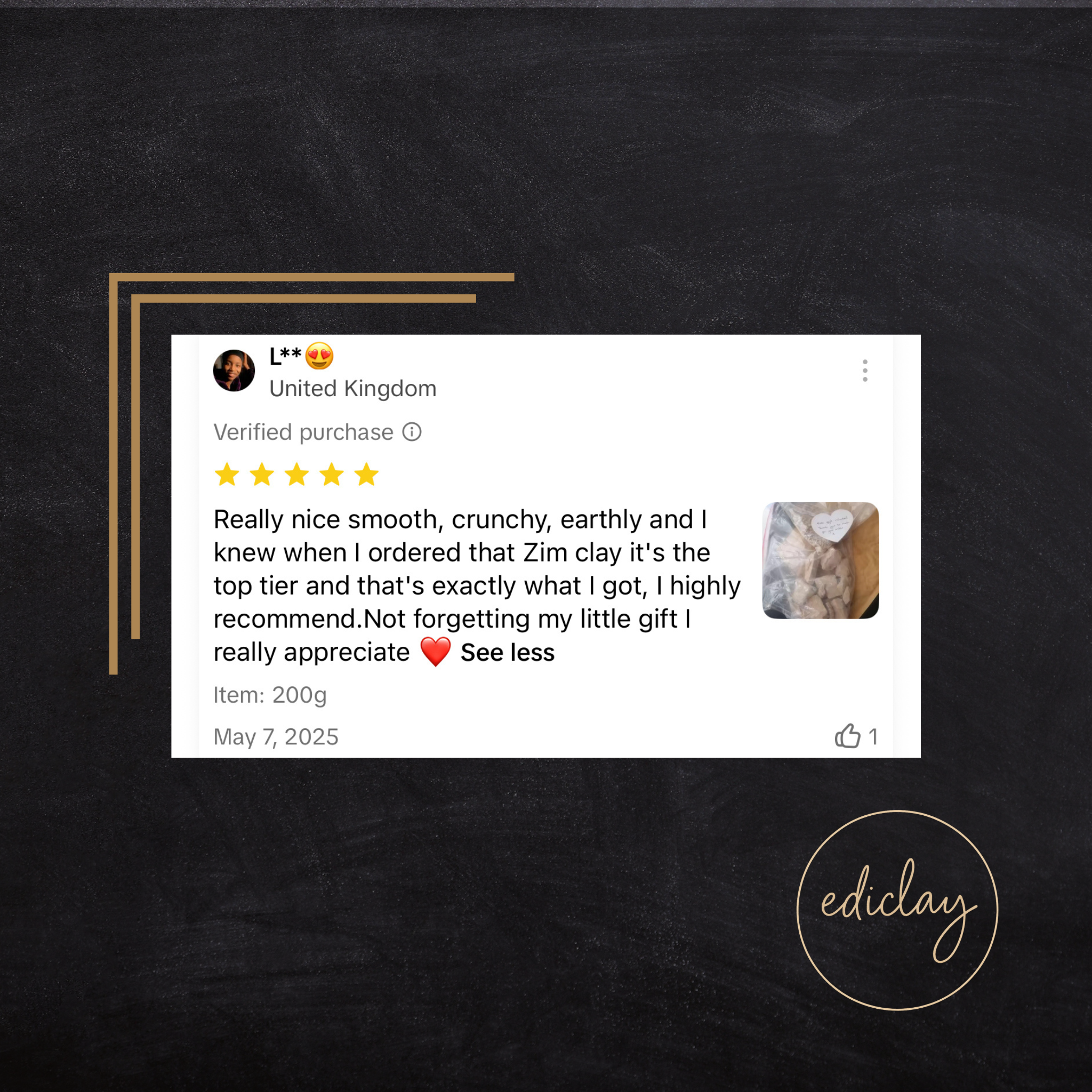 Product review for clay for eating on a dark background with 'ediclay' branding.